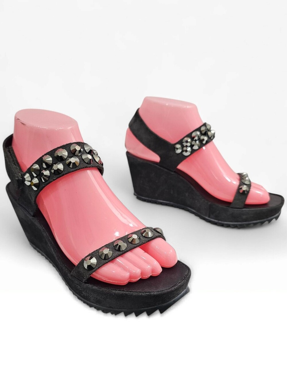 PEDRO GARCIA Gray Suede Swarovski Stud Crystals Platform Wedge Sandals 36/US 6